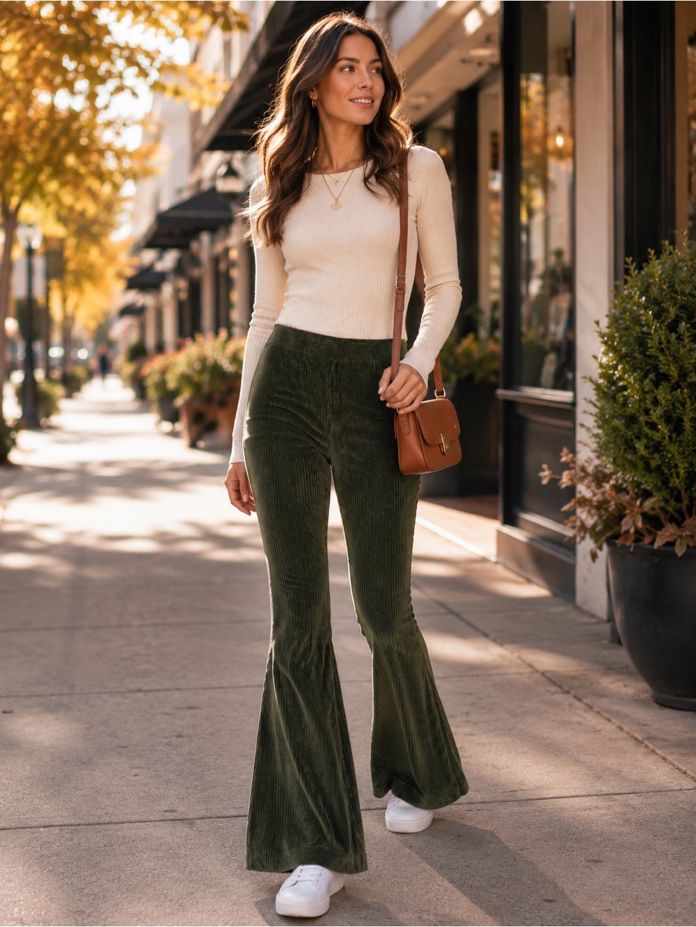 Aerie Olive Green Ribbed Velour Flare High Rise Pants Large Pull On Y2K Lounge
